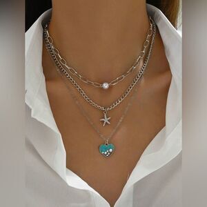 Silver 1pc Starfish & Heart Layered Necklace